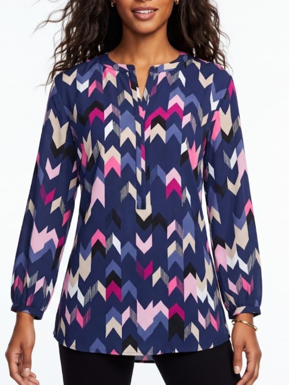 JM Collection Women's Navy Blue Pink Chevron Print Pleated 3/4 Sleeve Blouse XL